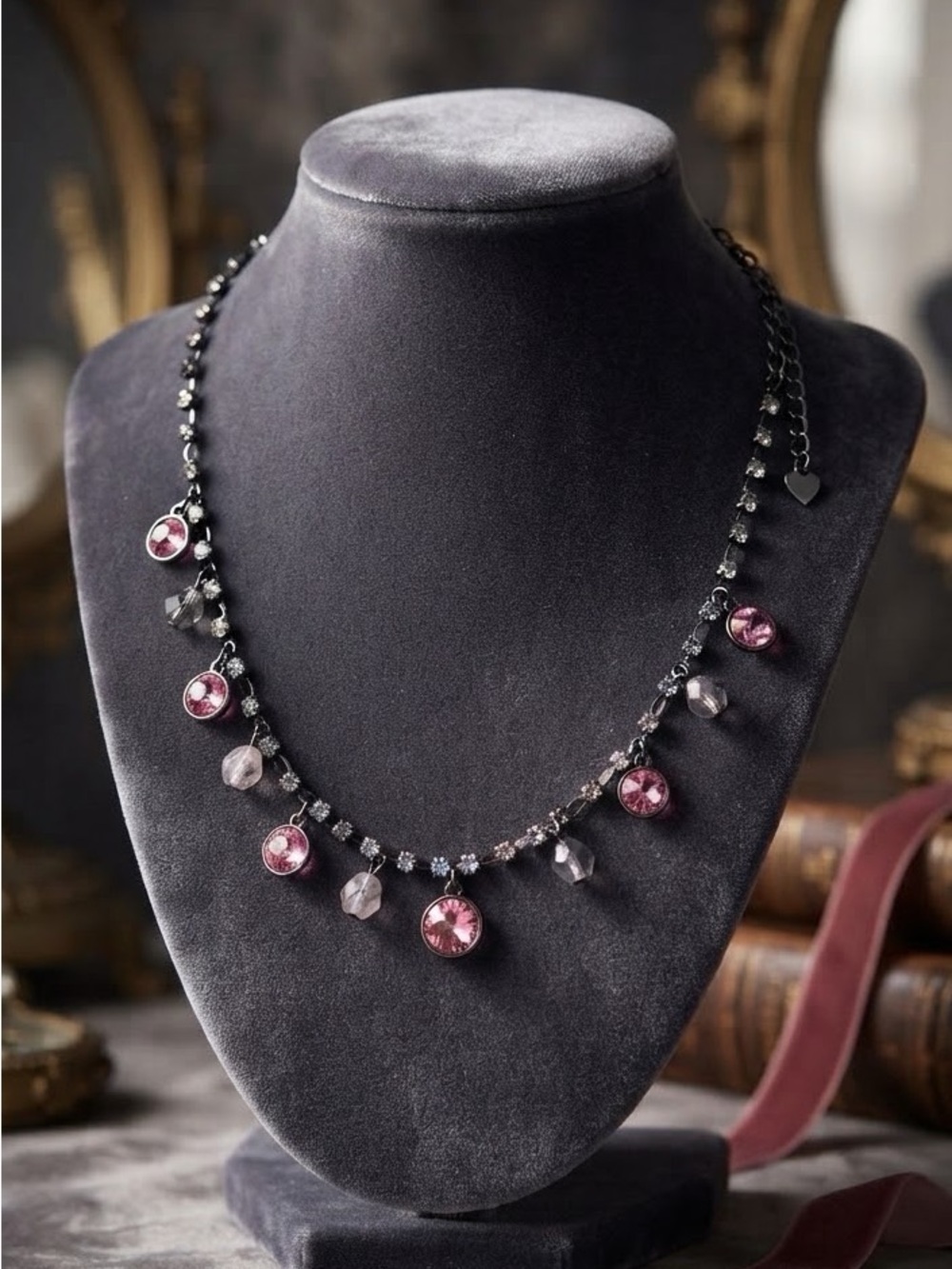 Art Deco Necklace March Aquamarine/Blue Topaz Rhinestones Glass Amethyst Accents